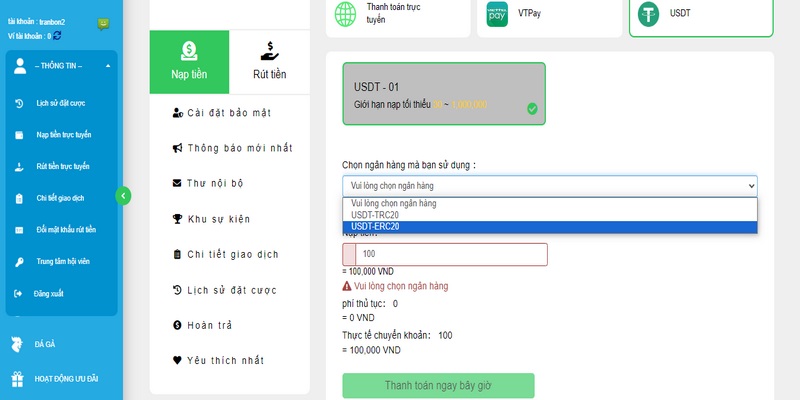 Nạp tiền 99OK qua kênh USDT